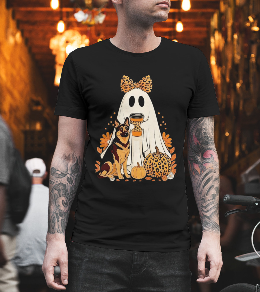 German Shepherd Ghost Leopard Pumpkin Coffee Halloween Bow T-Shirt