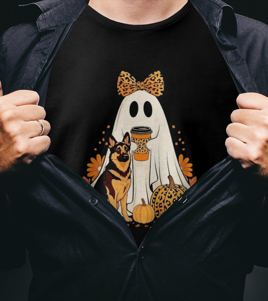 German Shepherd Ghost Leopard Pumpkin Coffee Halloween Bow T-Shirt