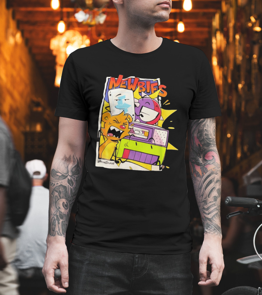 Newbies RaidingSalmon Cartoon Boombox And Cards Explosion T-Shirt