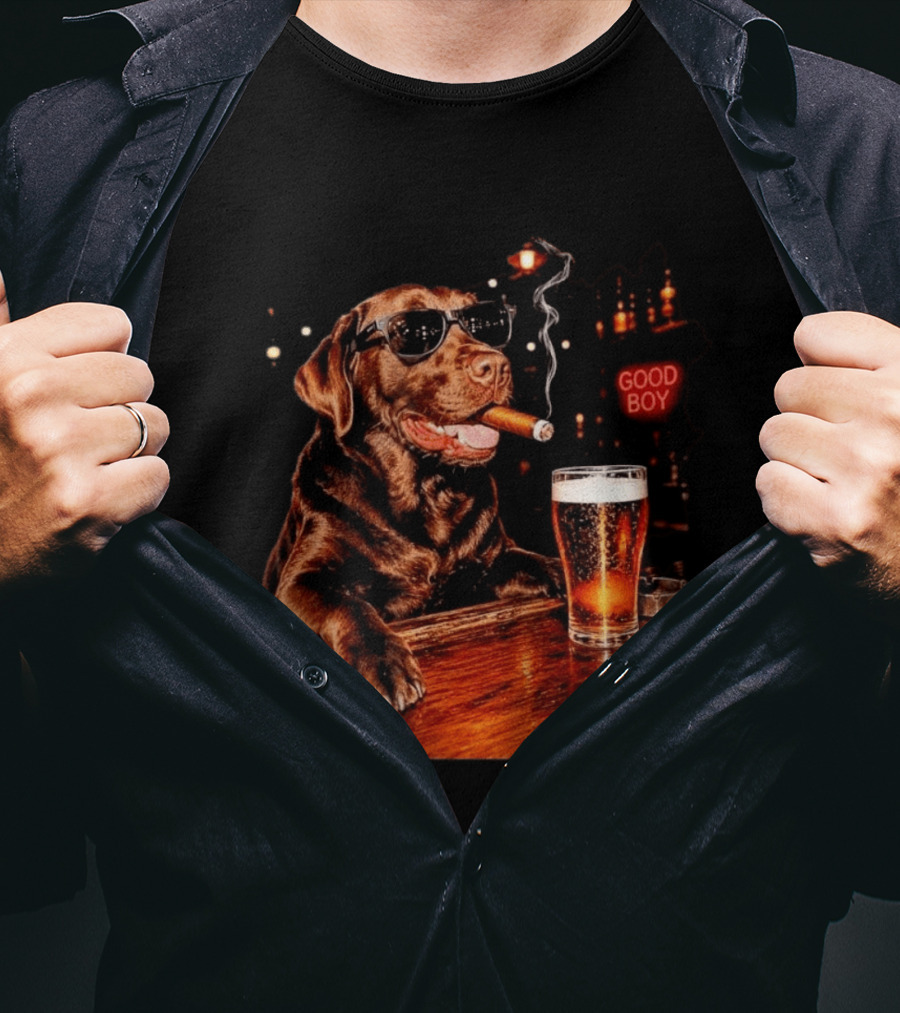 Silly Chocolate Labrador Retriever Drinking Beer Cigar Dog Good Boy Bar Night T-Shirt