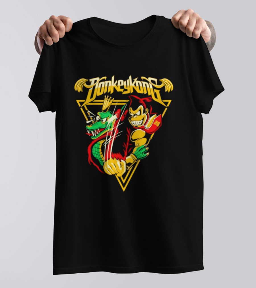 Donkey Kong Cartoon Retro Style Triangular Battle Scene T-Shirt
