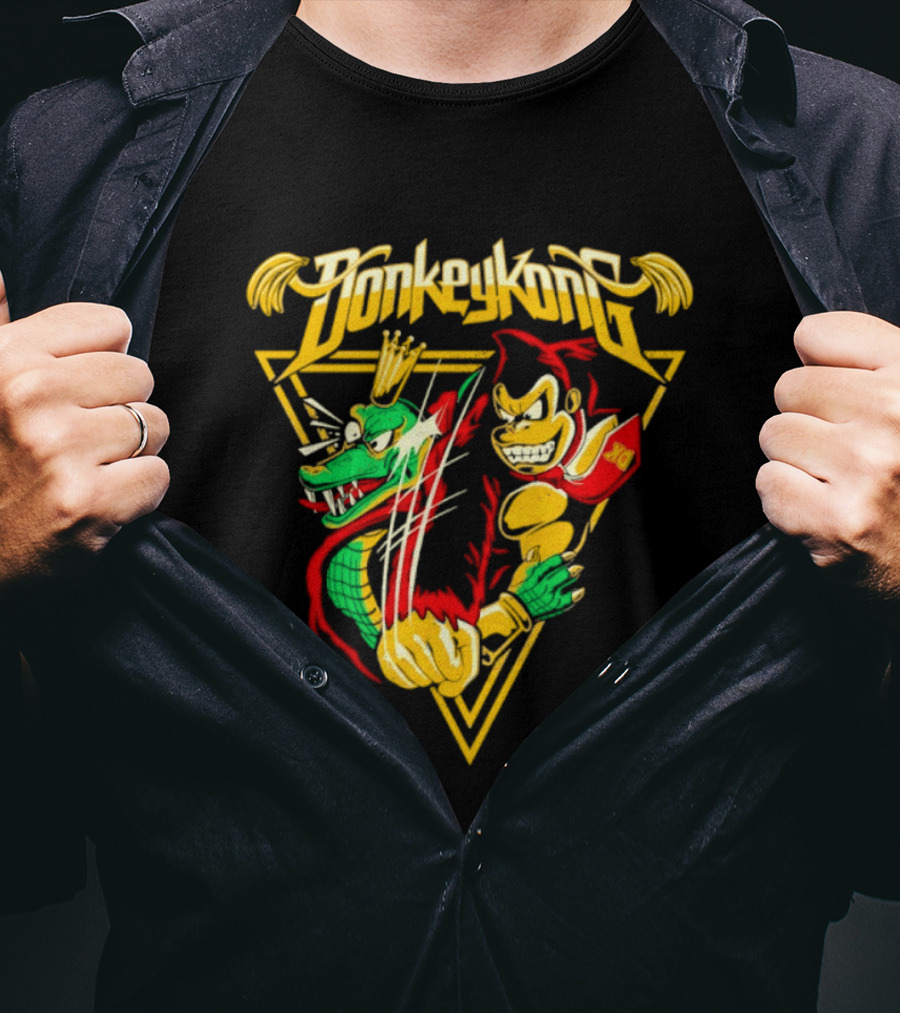 Donkey Kong Cartoon Retro Style Triangular Battle Scene T-Shirt