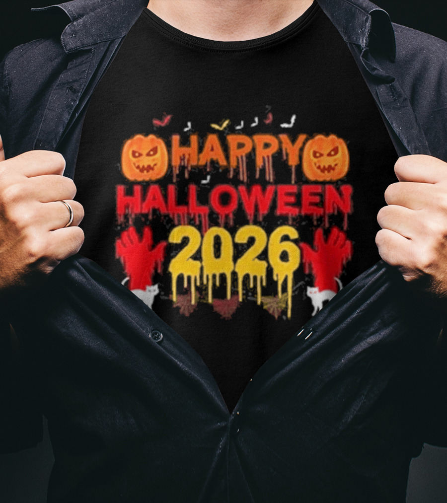 Happy Halloween 2026 Spooky Pumpkin Ghosts And Cats T-Shirt