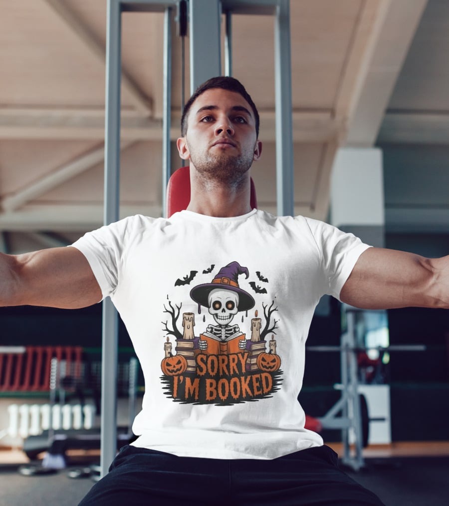 Sorry I'm Booked Skeleton Witch Halloween Reading Pumpkins Spooky Books T-Shirt
