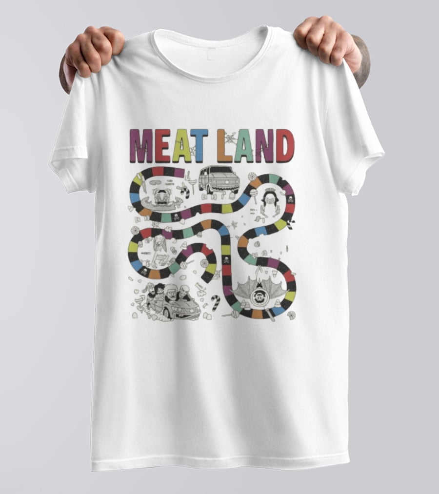 Meatcanyon Store Meat Land Off White Board Game Path Characters T-Shirt