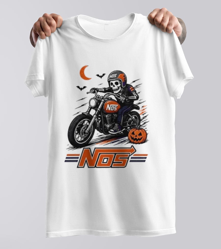 NOS Skeleton Biker Halloween Pumpkin Moon Bats T-Shirt