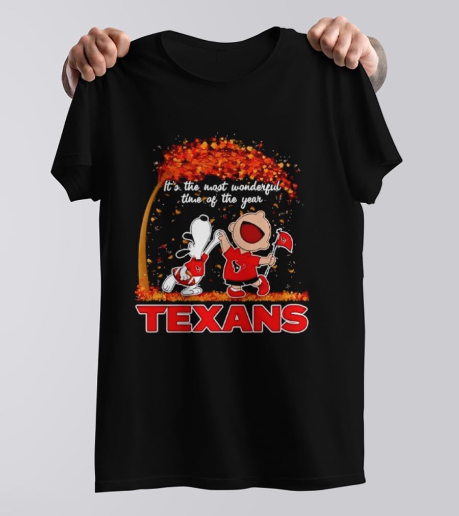 Snoopy And Charlie Brown It's The Most Wonderful Time Of The Year Texans Football Fan Celebration T-Shirt