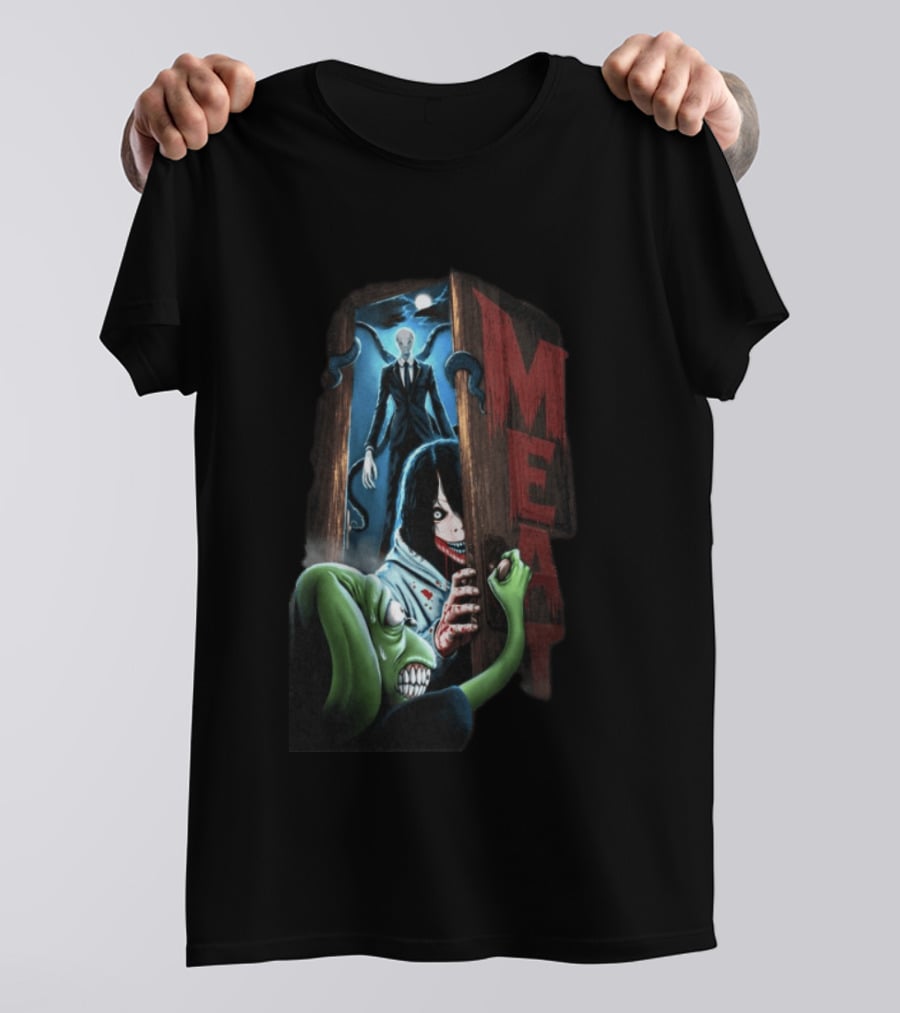 Meatcanyon Store Knock Knock Creepy Distressed Characters Horror Scene T-Shirt