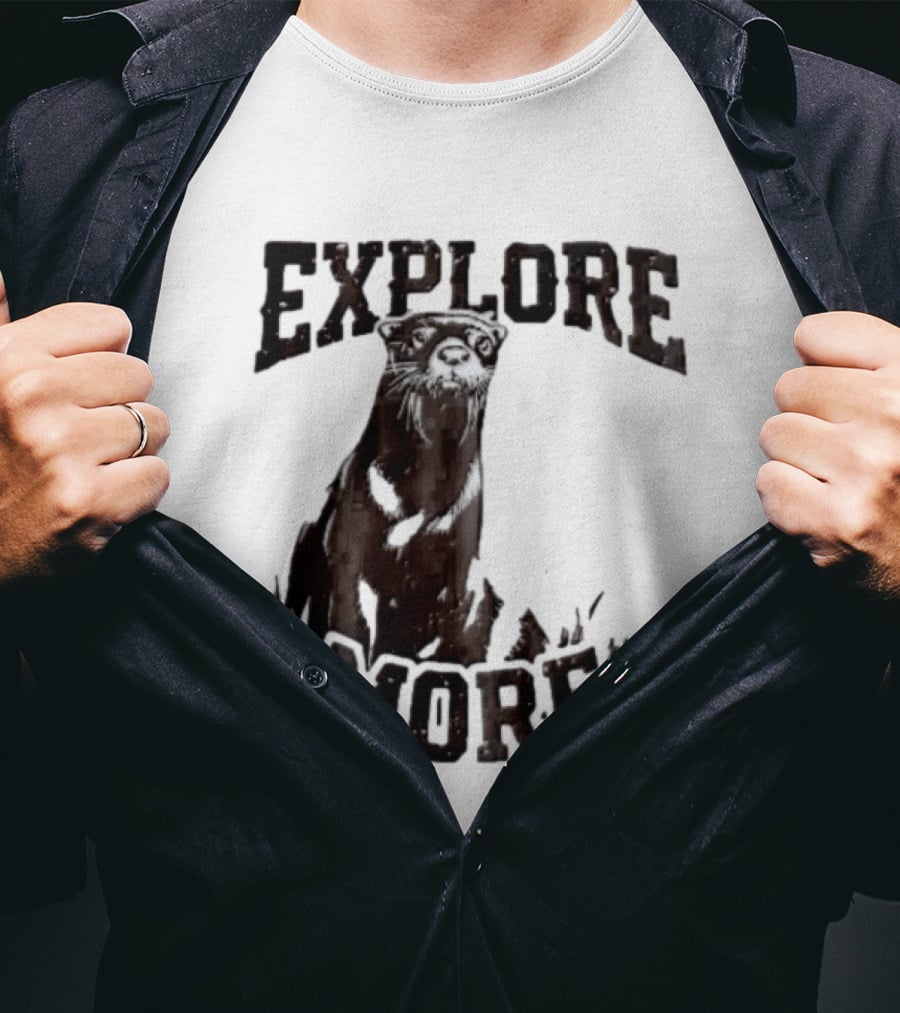 Explore More River Otter Tall Grass Distressed Woodcut Black White T-Shirt