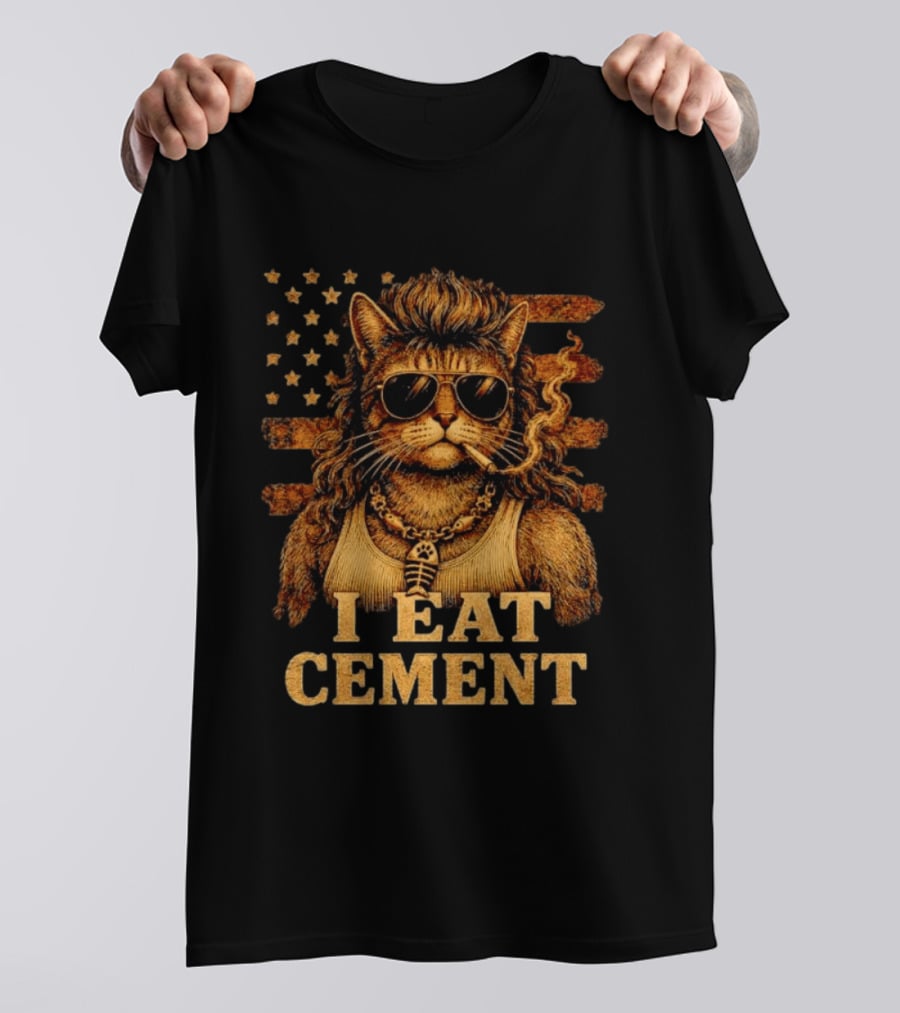 I Eat Cement Mullet Cat With Sunglasses And American Flag T-Shirt