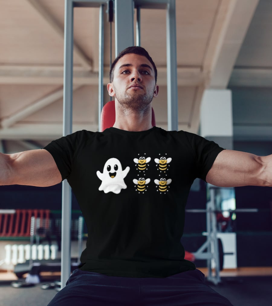 Cartoon White Ghost And Waving Four Bumblebees Cute T-Shirt