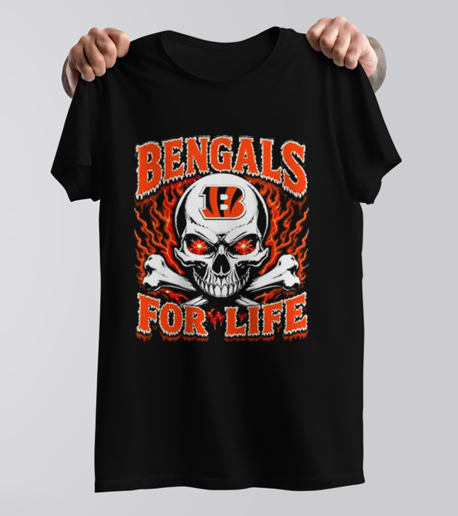 Bengals For Life Skull And Crossbones Fiery T-Shirt