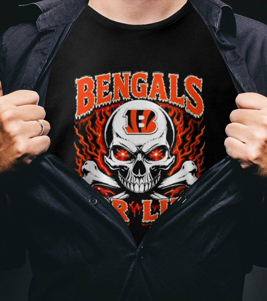 Bengals For Life Skull And Crossbones Fiery T-Shirt