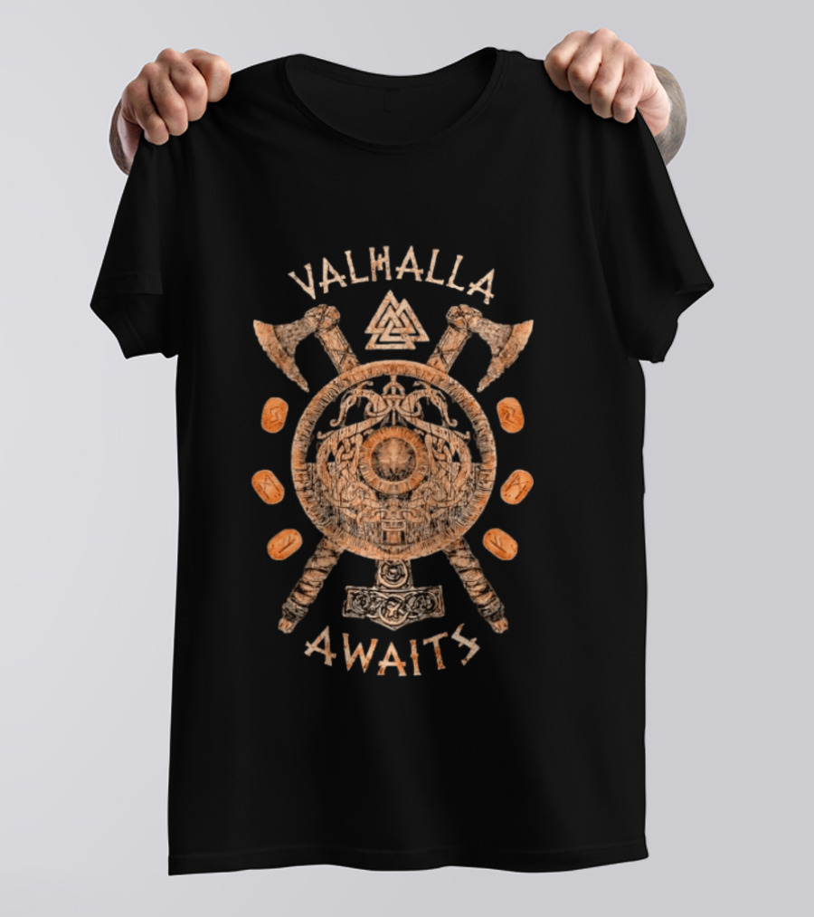 Valhalla Awaits Distressed Viking Shield Axes Norse Symbolism T-Shirt