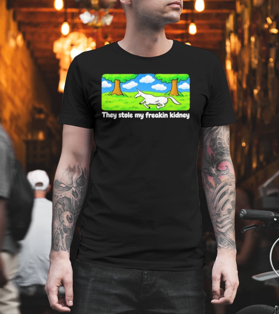 They Stole My Freakin Kidney Unicorn Cartoon Scene T-Shirt