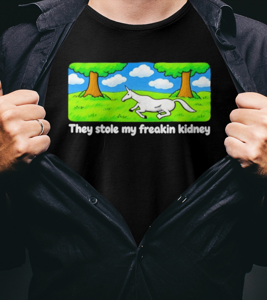 They Stole My Freakin Kidney Unicorn Cartoon Scene T-Shirt