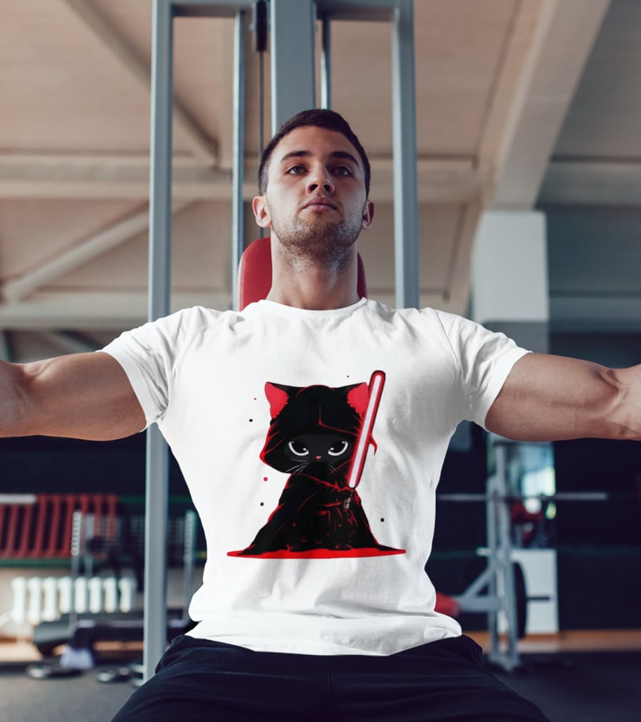 Black Cat Sith With Red Lightsaber Cloaked In Darkness T-Shirt