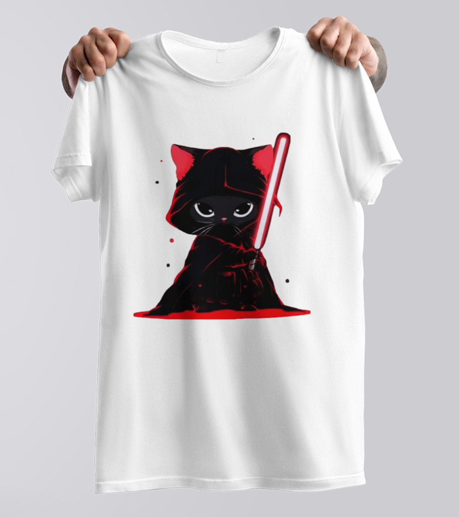 Black Cat Sith With Red Lightsaber Cloaked In Darkness T-Shirt