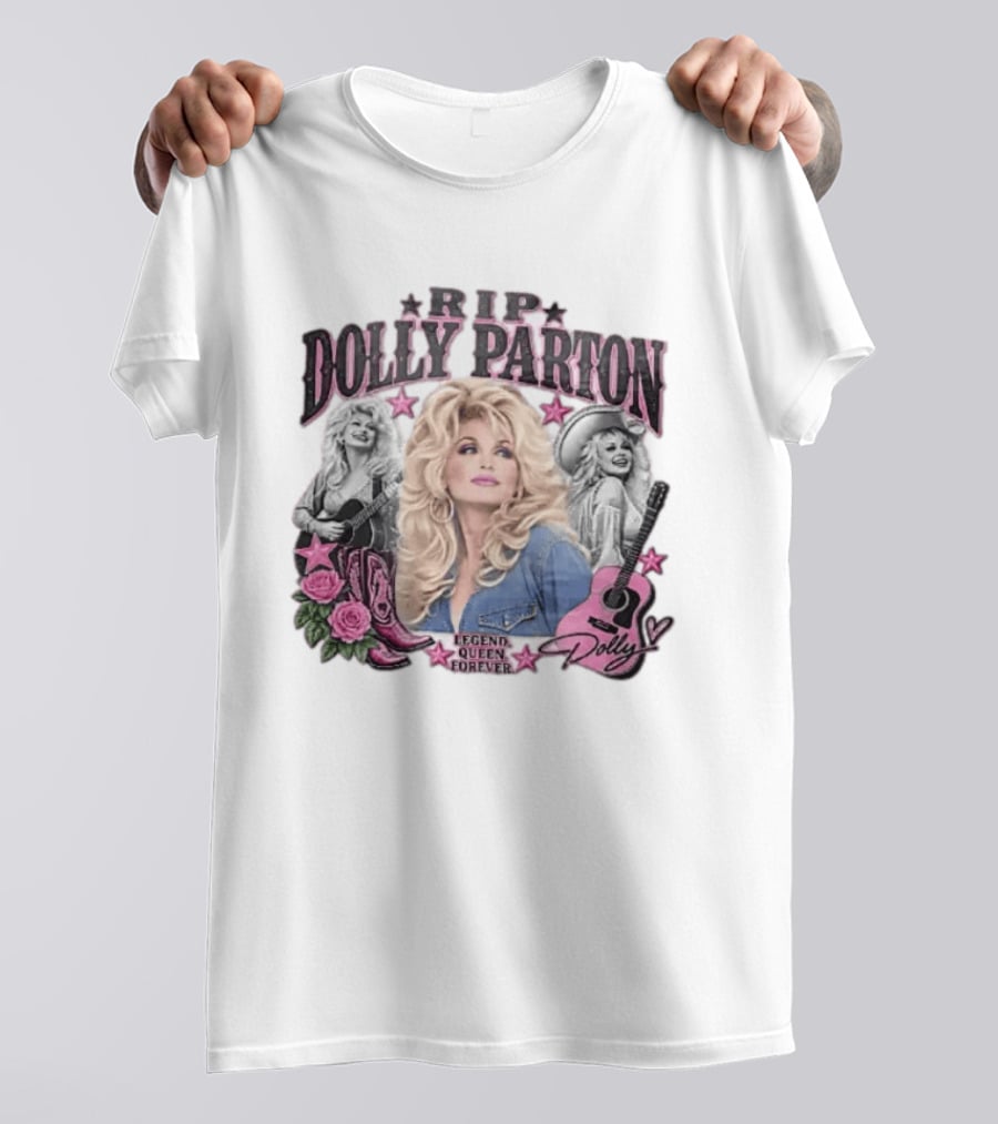 RIP Dolly Parton Legend Queen Forever Pink Cowboy Boots Roses Guitars Stars T-Shirt
