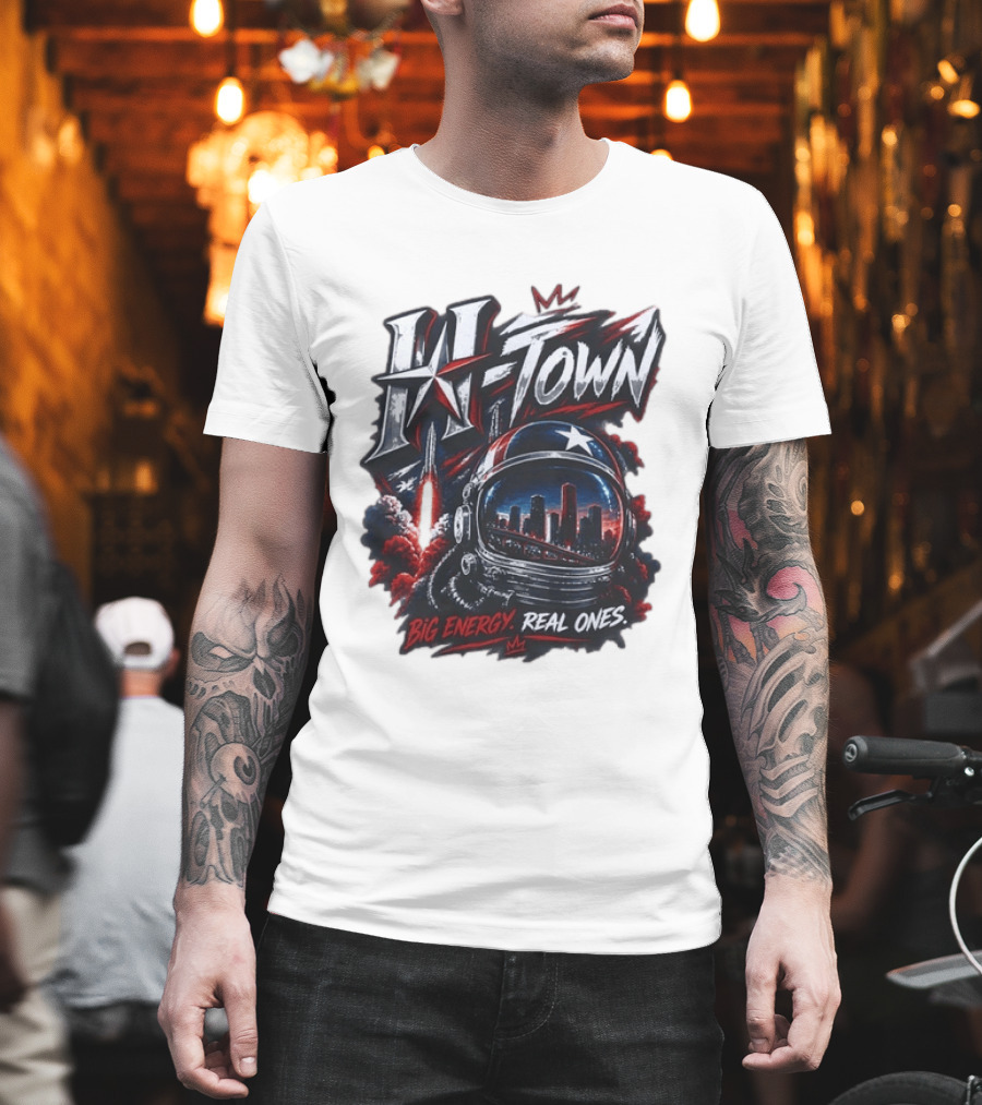 H Town Big Energy Real Ones Houston Astronaut Skyline T-Shirt
