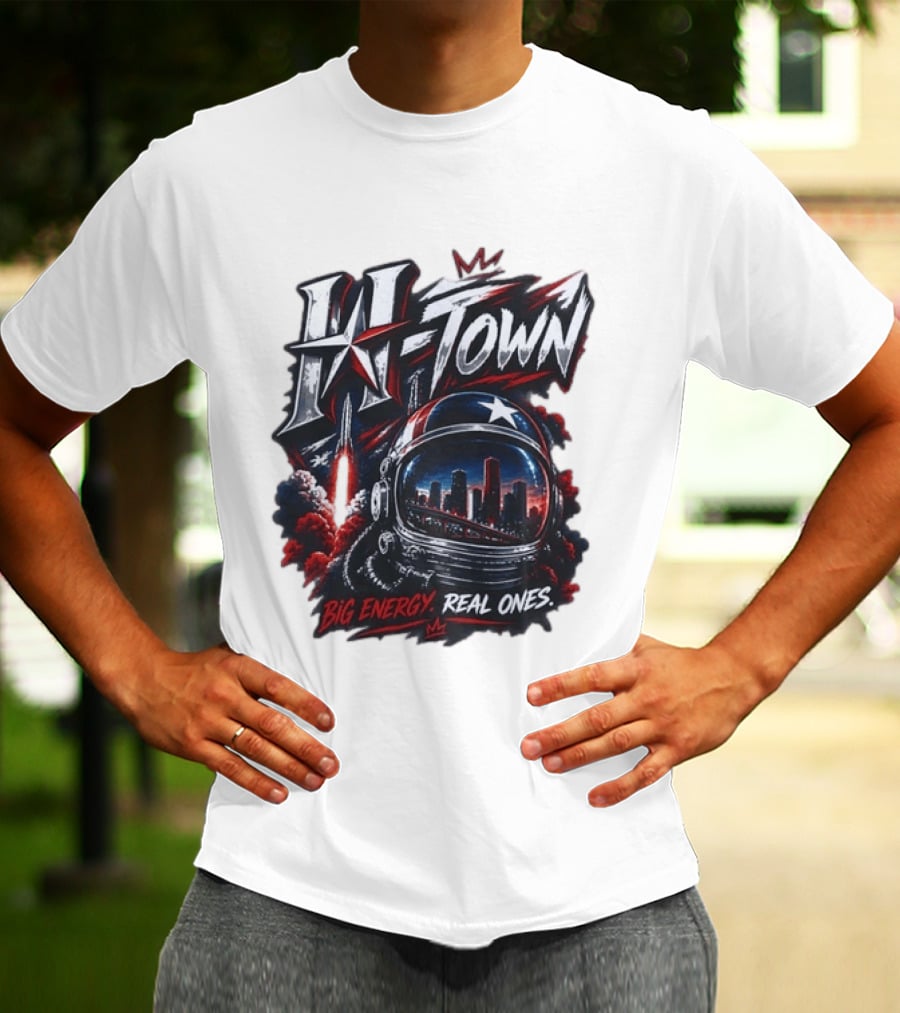 H Town Big Energy Real Ones Houston Astronaut Skyline T-Shirt