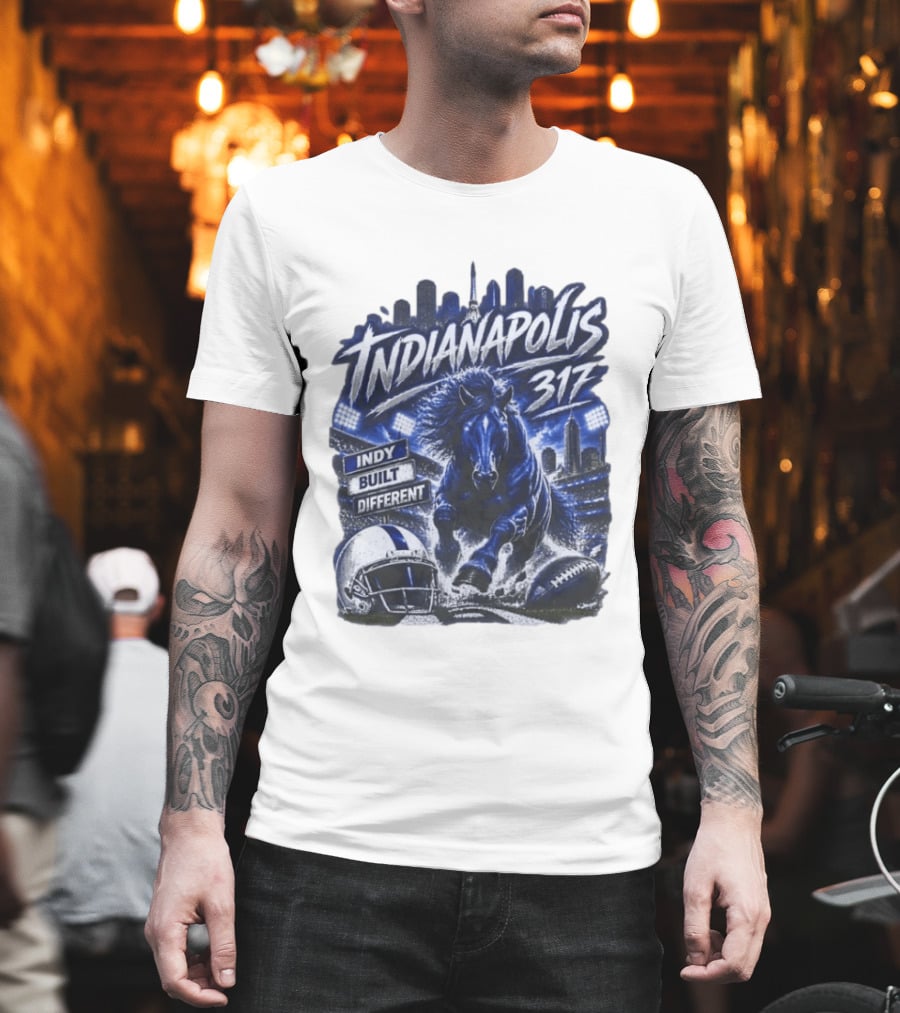 Indianapolis Colts 317 Indy Built Different Football Horse Helmet Skyline T-Shirt