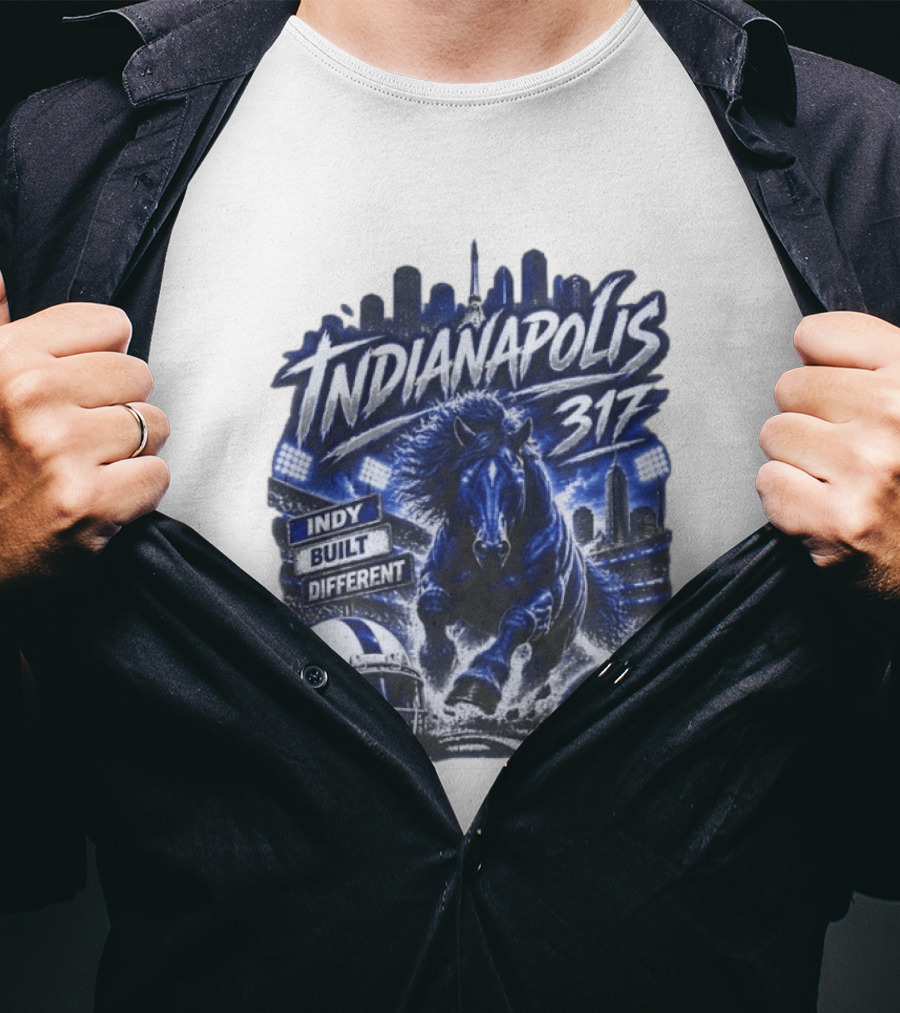 Indianapolis Colts 317 Indy Built Different Football Horse Helmet Skyline T-Shirt