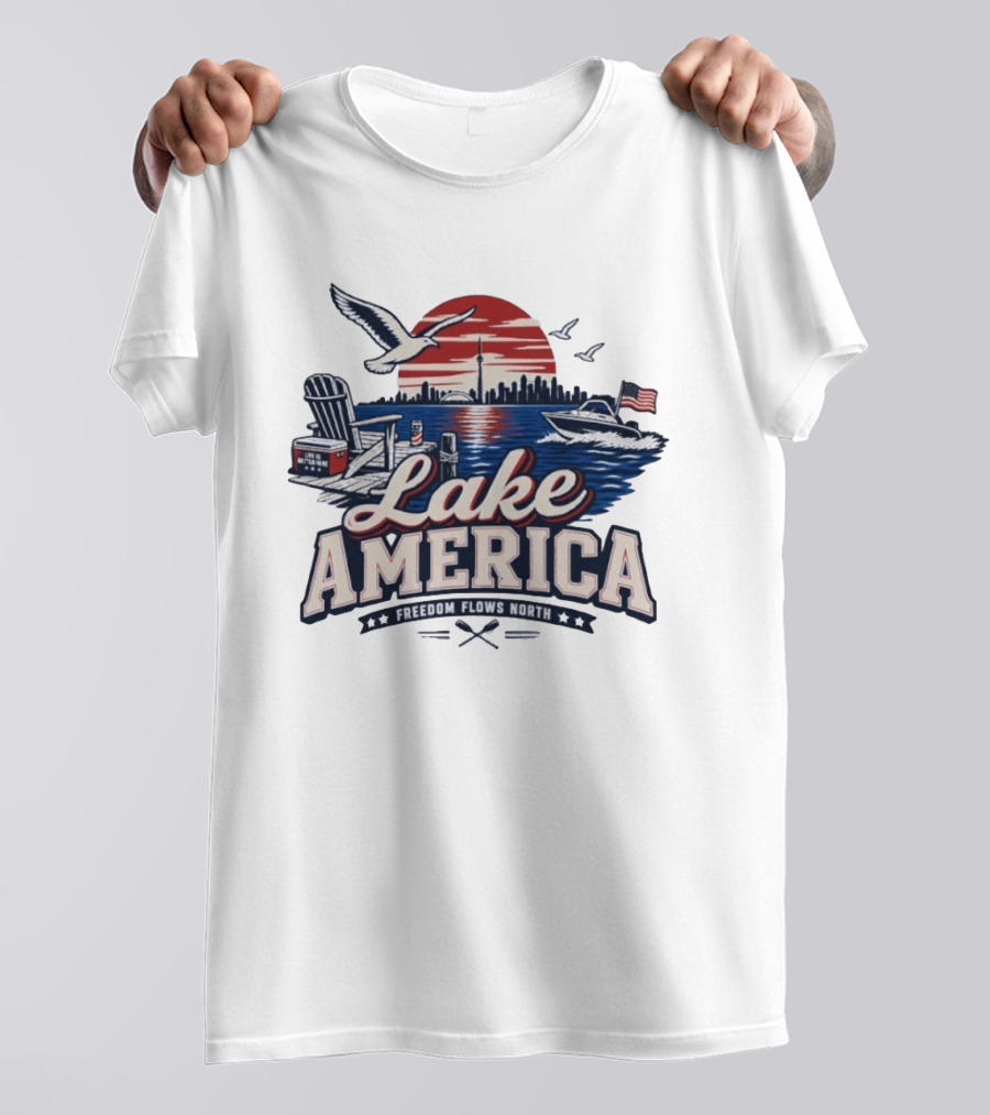 Lake America Freedom Flows North Sun Boats Good Times Seagulls Adirondack Chair Skyline And Flag T-Shirt
