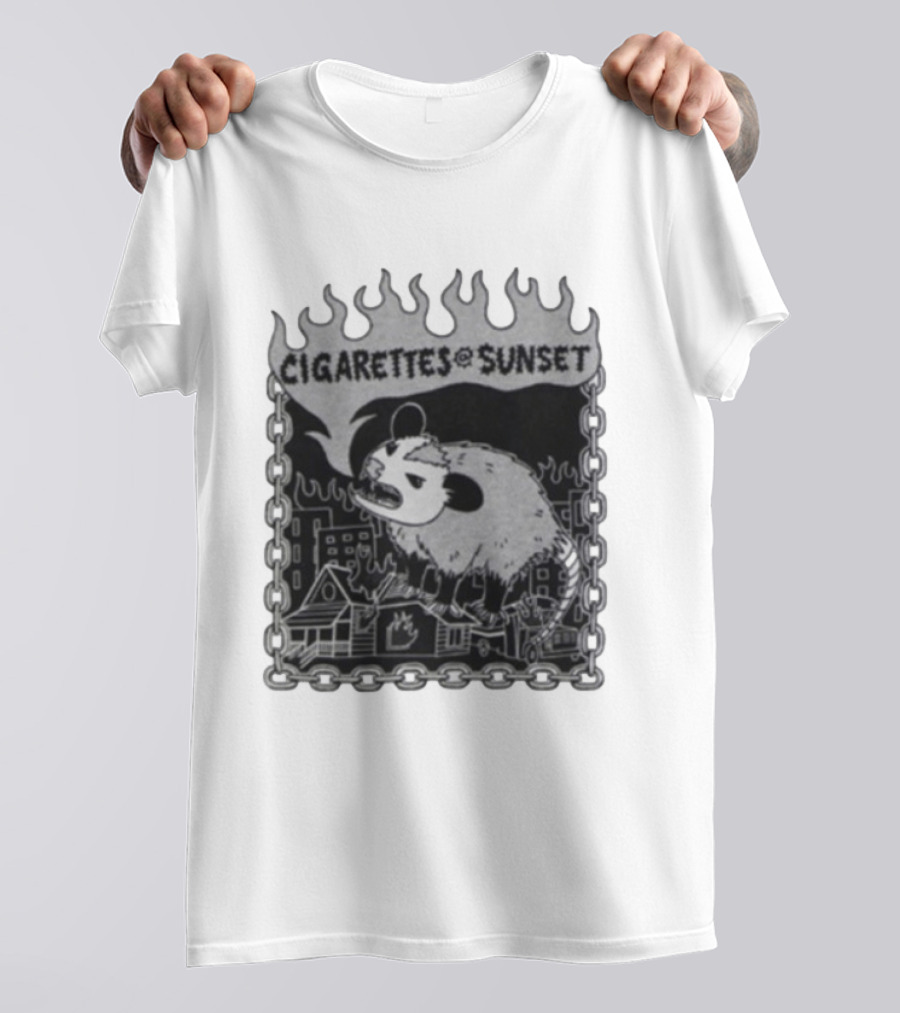 Cigarettes At Sunset OG Possum In Fiery Cityscape With Chains T-Shirt