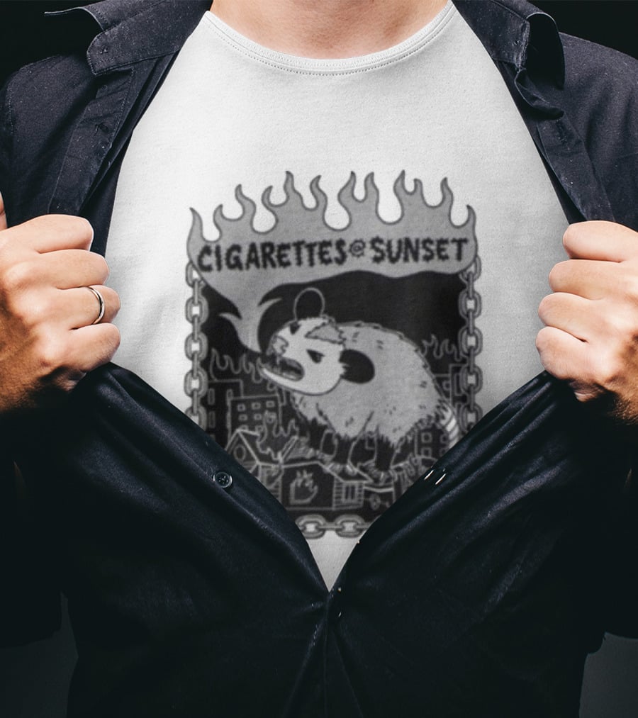 Cigarettes At Sunset OG Possum In Fiery Cityscape With Chains T-Shirt