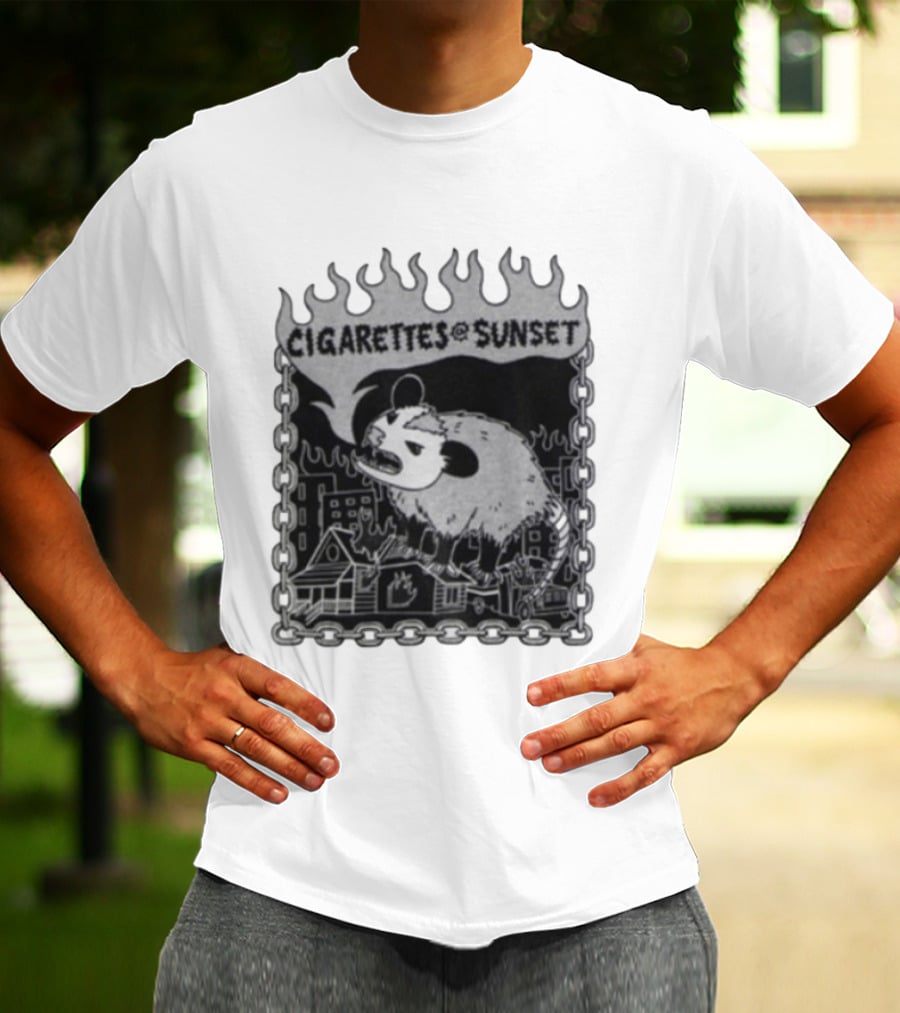 Cigarettes At Sunset OG Possum In Fiery Cityscape With Chains T-Shirt