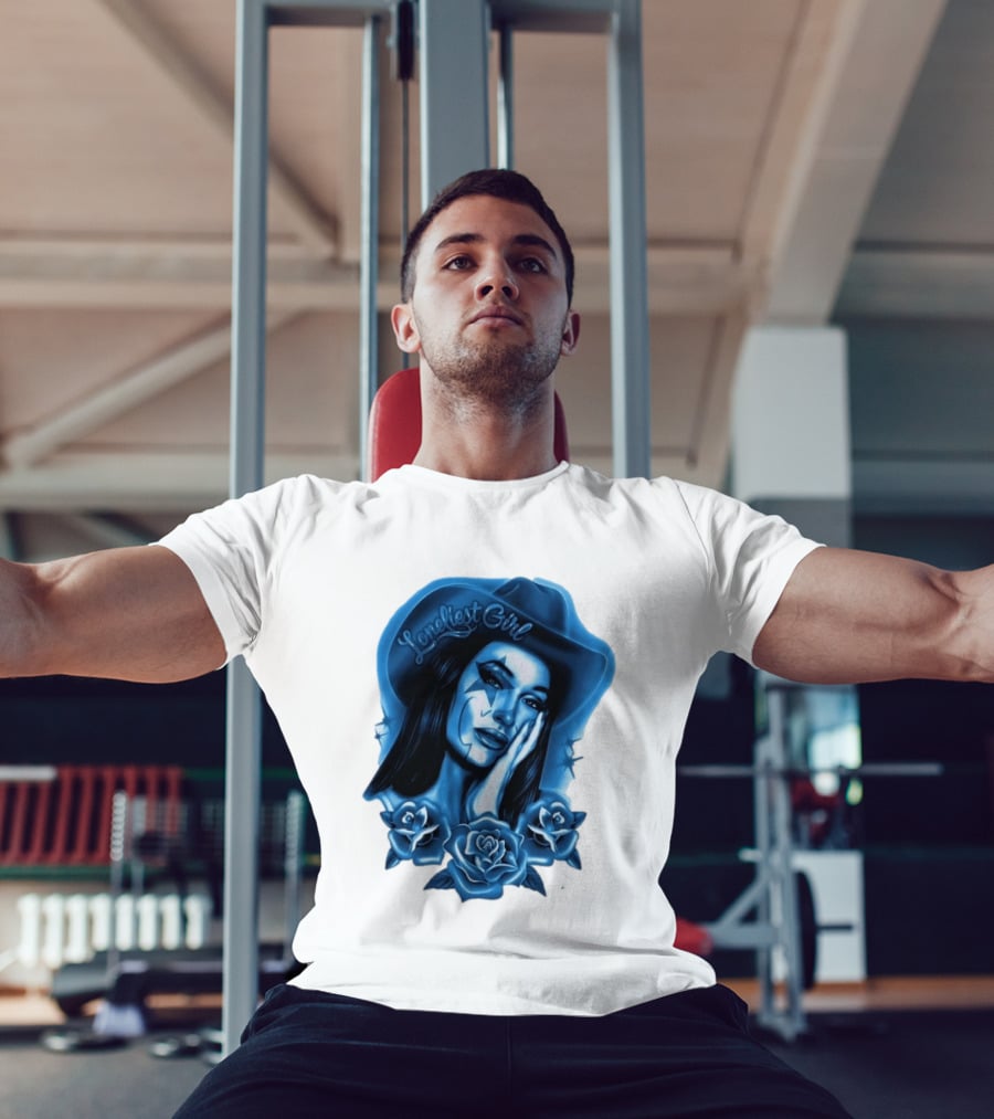 Loneliest Girl Airbrush Cowgirl In Blue With Roses T-Shirt