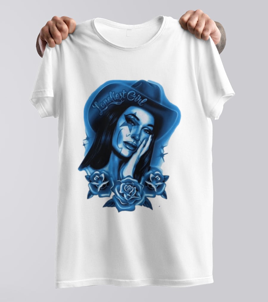 Loneliest Girl Airbrush Cowgirl In Blue With Roses T-Shirt