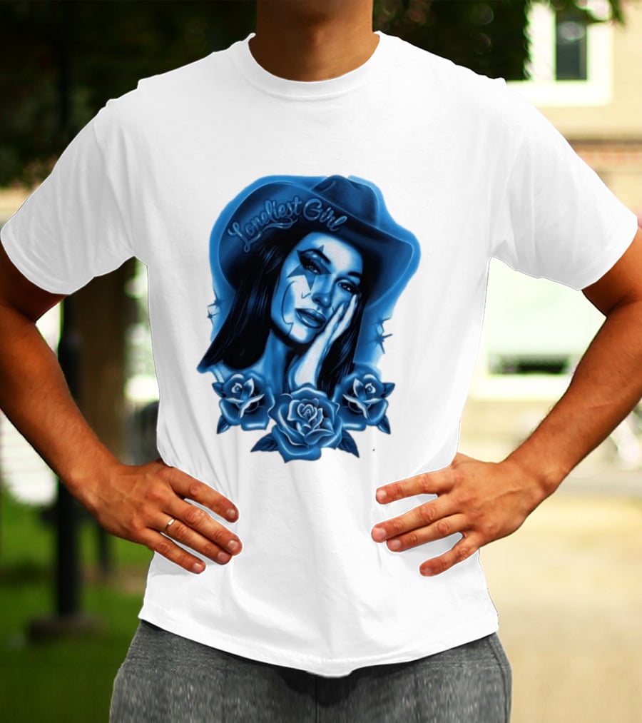 Loneliest Girl Airbrush Cowgirl In Blue With Roses T-Shirt