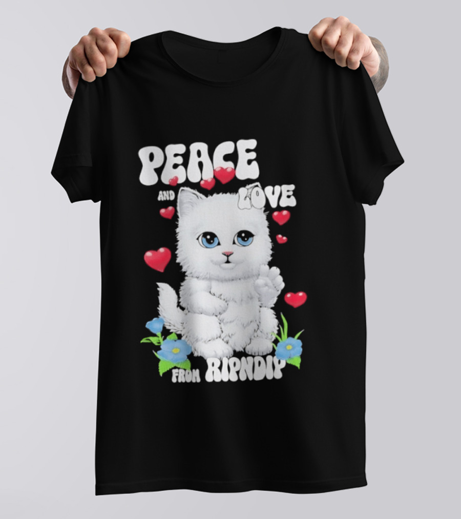 Peace And Love Ripndip Cat Kitten Hearts And Flowers T-Shirt