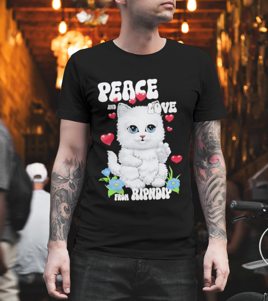 Peace And Love Ripndip Cat Kitten Hearts And Flowers T-Shirt
