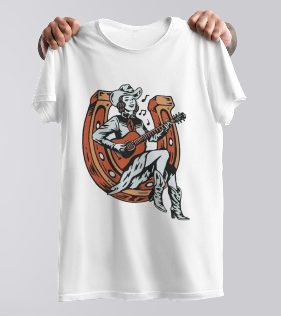 Cowgirl Playing Guitar On Horseshoe Classic Western Music Scene T-Shirt