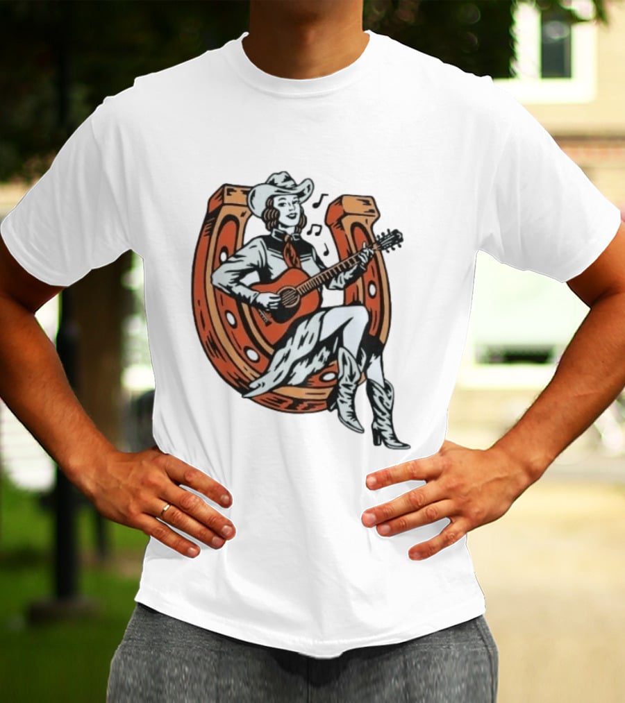 Cowgirl Playing Guitar On Horseshoe Classic Western Music Scene T-Shirt