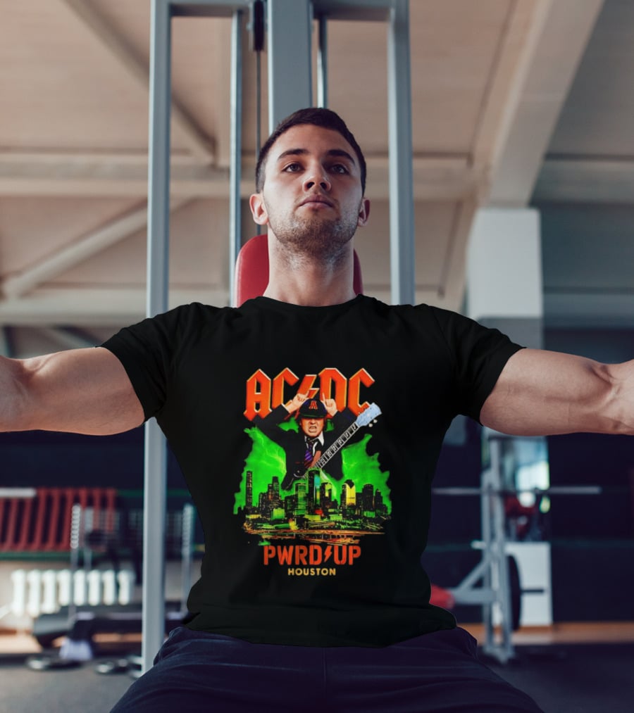 AC DC Angus Young Pwr Up Houston Hard Rock Skyline Electric Guitar T-Shirt