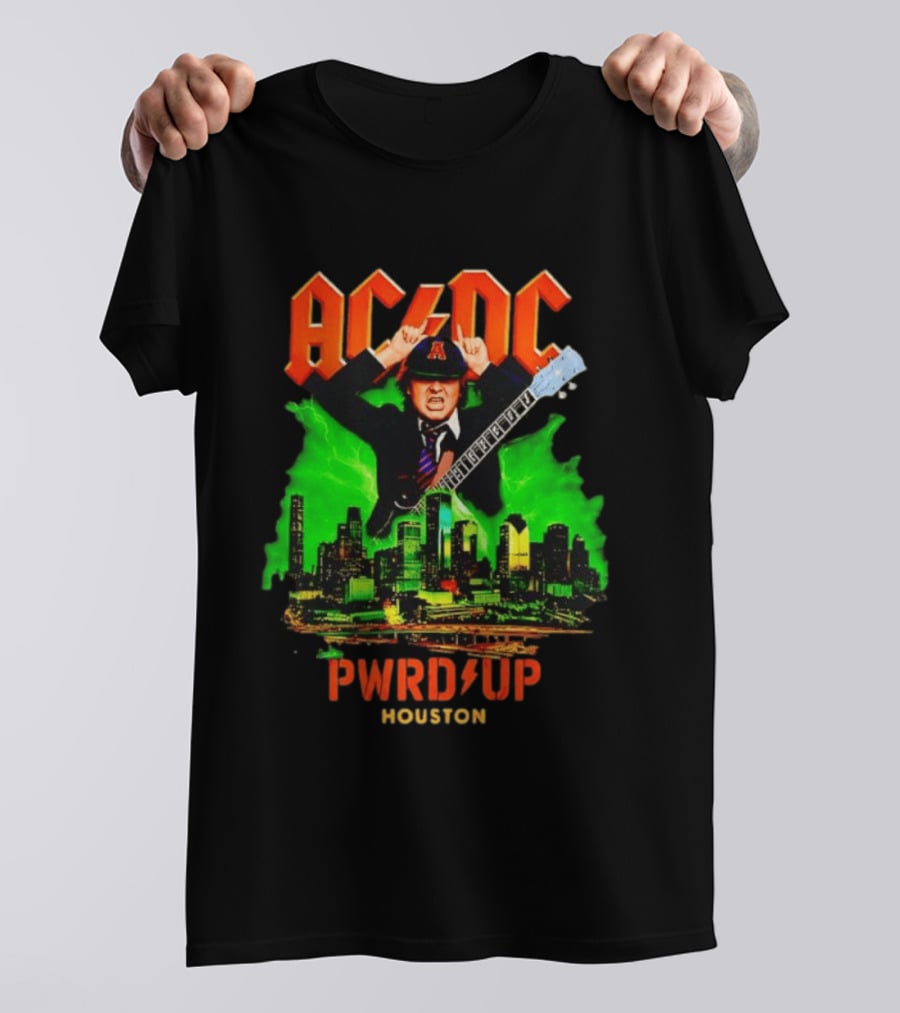 AC DC Angus Young Pwr Up Houston Hard Rock Skyline Electric Guitar T-Shirt