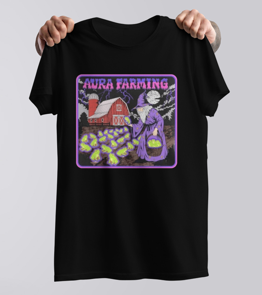Aura Farming Moonlit Sorcerer Harvests Glowing Frogs Barn Wizard Magic T-Shirt