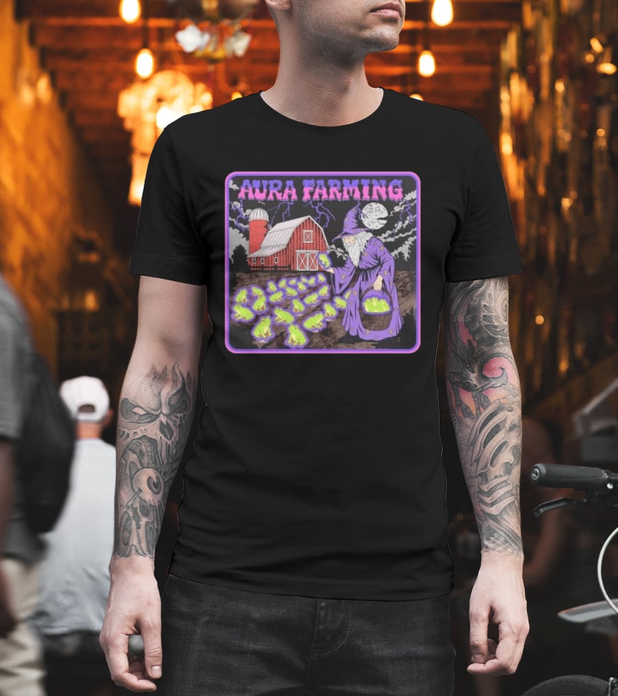Aura Farming Moonlit Sorcerer Harvests Glowing Frogs Barn Wizard Magic T-Shirt