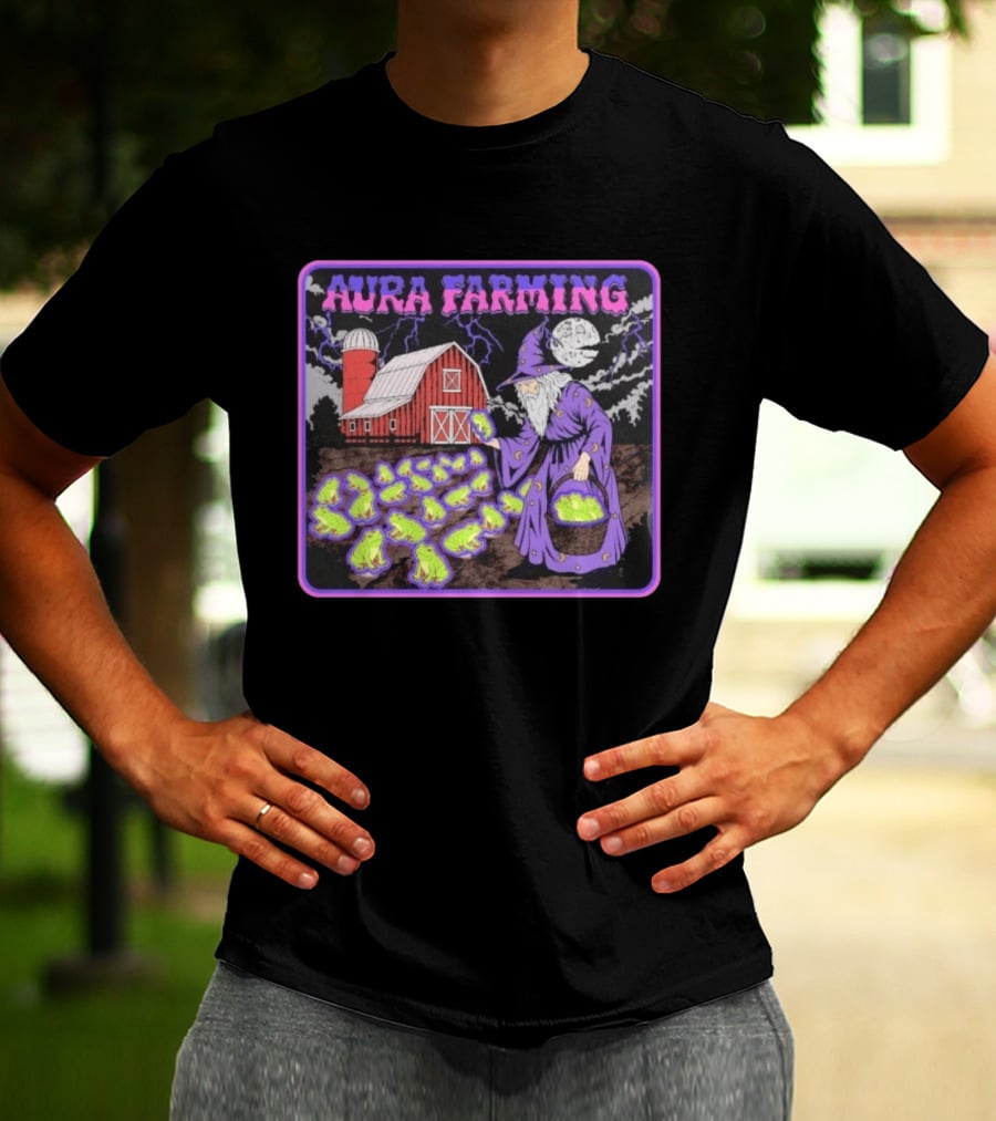 Aura Farming Moonlit Sorcerer Harvests Glowing Frogs Barn Wizard Magic T-Shirt