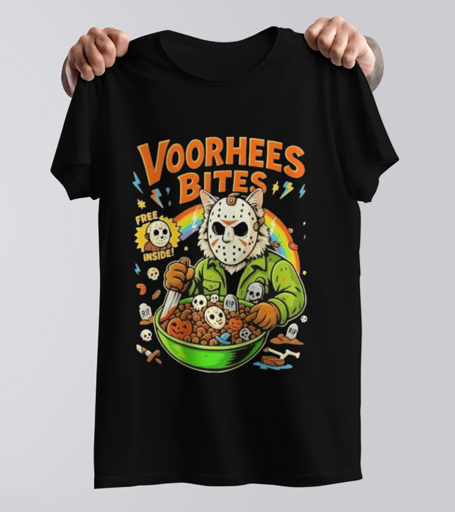 Voorhees Bites Jason Voorhees Cat Cereal Horror Mask Rainbow Feline Bowl Skeletons T-Shirt