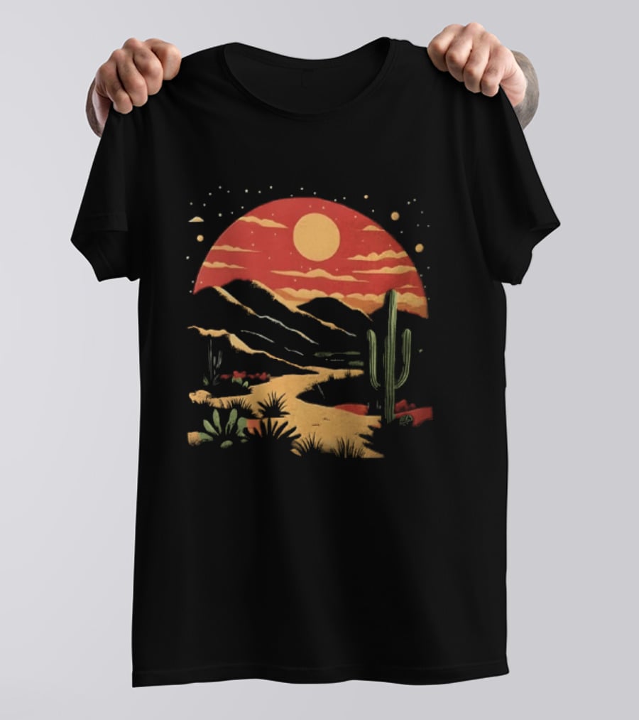 Sunset Sky Desert Saguaro Cactus Western Mountains Landscape Scene T-Shirt