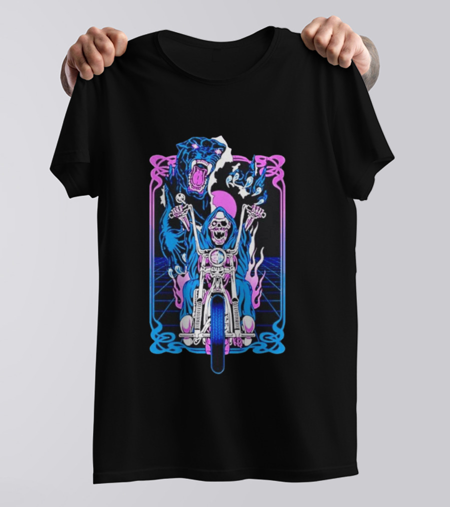 Grim Reaper Motorcycle Panther Retro Neon T-Shirt