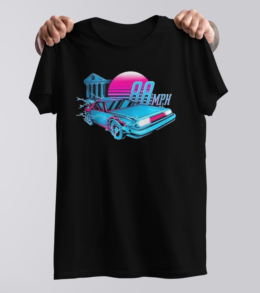 Back To The Future DeLorean 88 MPH Neon Style With Sunset And Tower T-Shirt