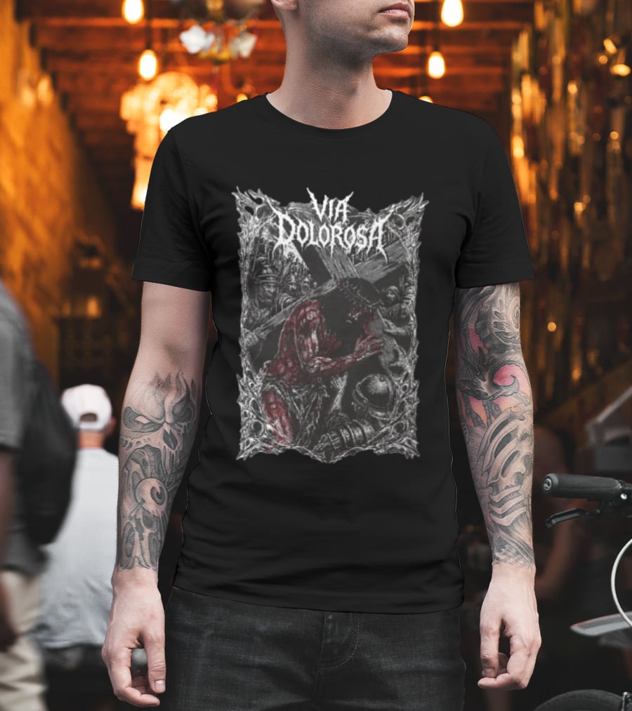 Via Dolorosa Jesus Christ Carrying Cross With Blood And Roman Soldiers T-Shirt