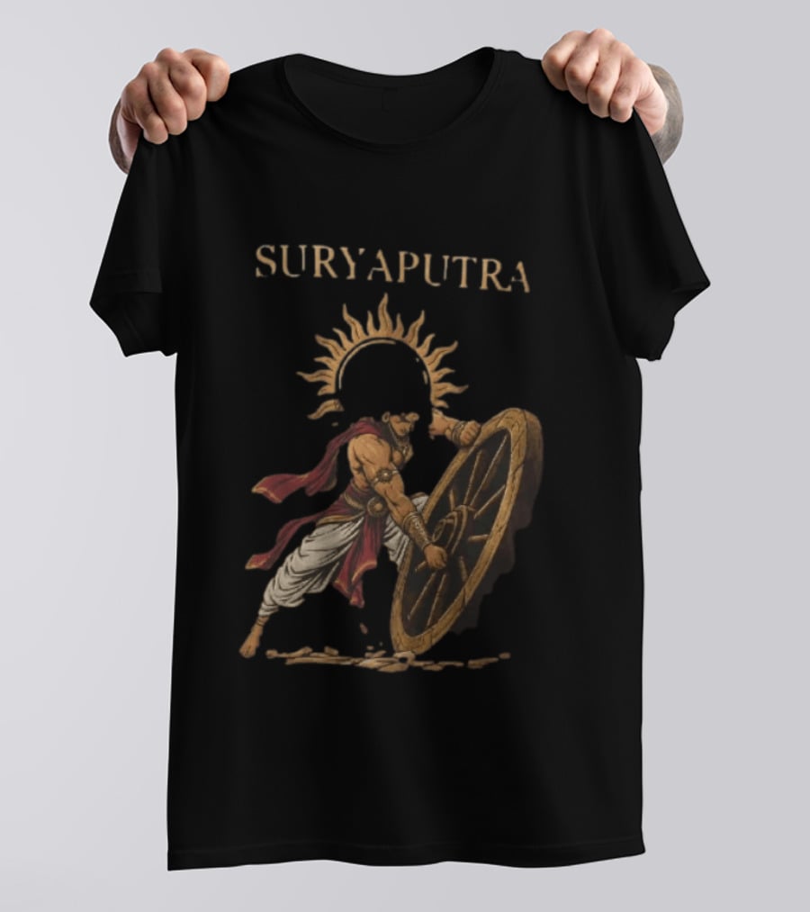 Karna Suryaputra Mahabharata Warrior Lifting Wooden Chariot Wheel With Sun Halo T-Shirt
