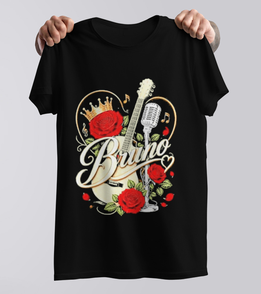 Bruno Rose Crown Guitar And Microphone With Music Notes T-Shirt